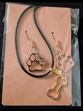 Hand Crafted Gold Paw & Bone Pendant Earrings Set with Black Cord